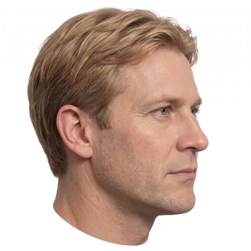 Profile C: right-facing side view of a clean-shaven man with short light-brown hair.